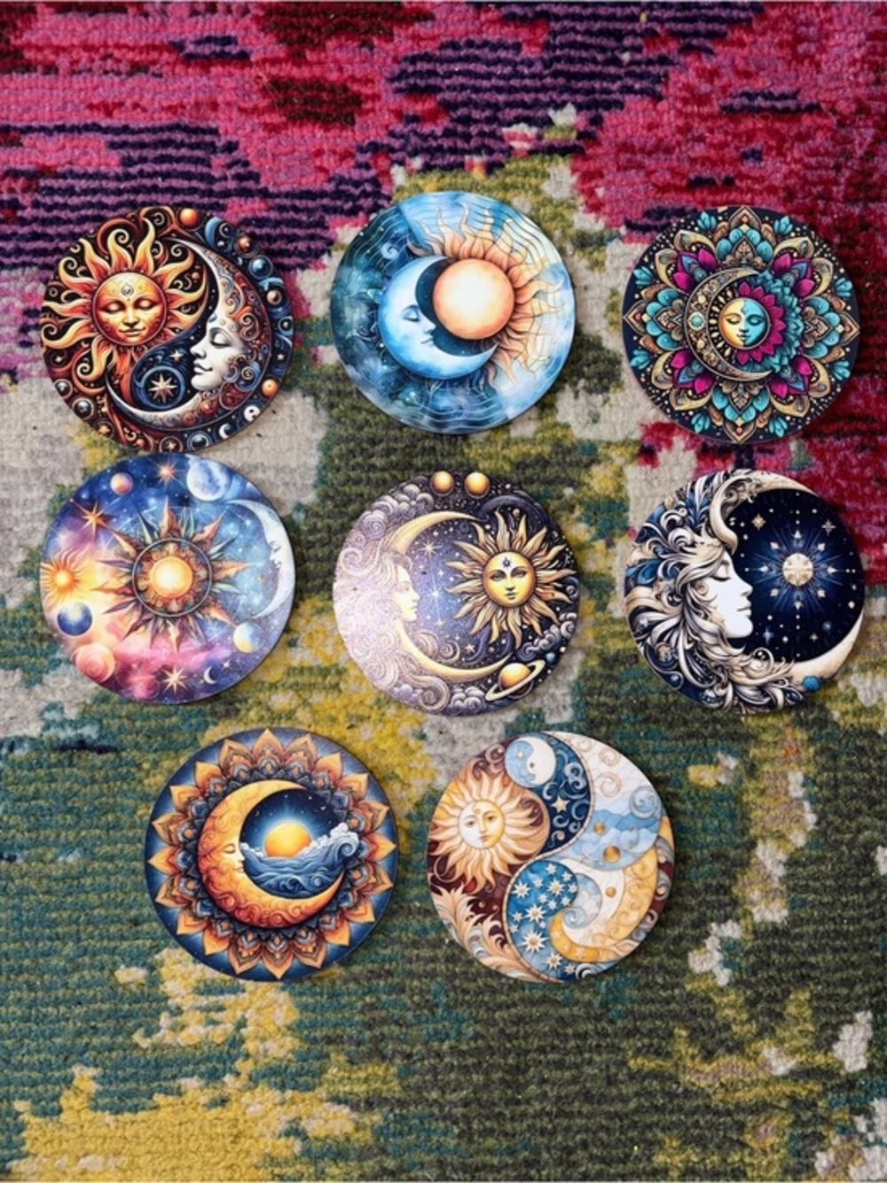 8 Piece Celestial Sun & Moon Round Drink Coasters – Multicolor Set
